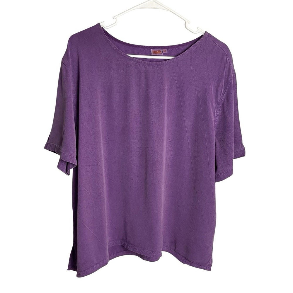 Tianello Womens Boxy Top Blouse Size XL Purple Tencel Blend Short Sleeve USA